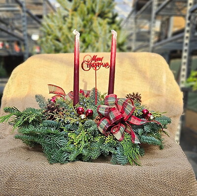 2 taper Centerpeice plaid bow